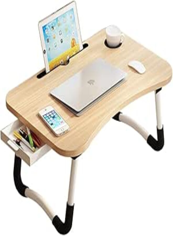 Lap Desk with Storage Drawer, Cup and Phone Holder, Laptop Bed Tray Table, 23.6" Foldable Laptop Desk, Laptop Stand for Working, Writing, Gaming and Drawing (23", Walnut)